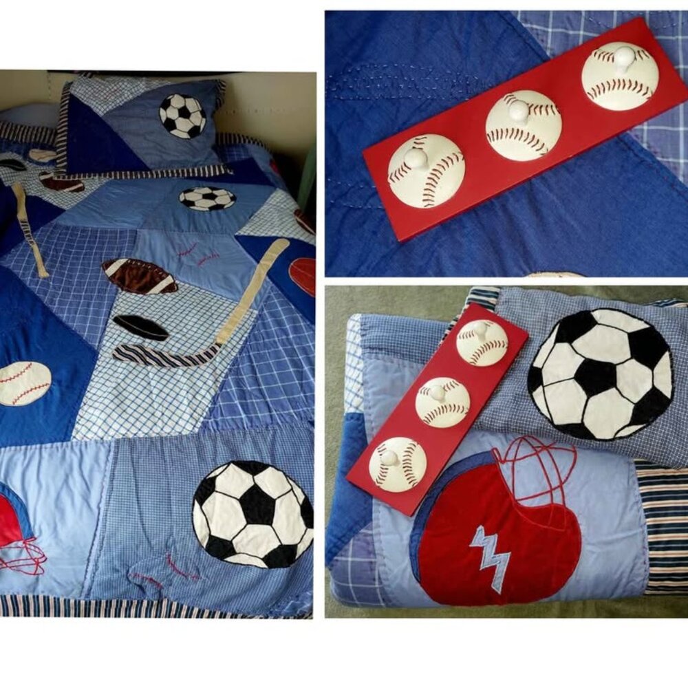 Sports Bedding! Twin Lightweight Quilt and Sham, Vibrant Blue Plaid, +Wall Hooks